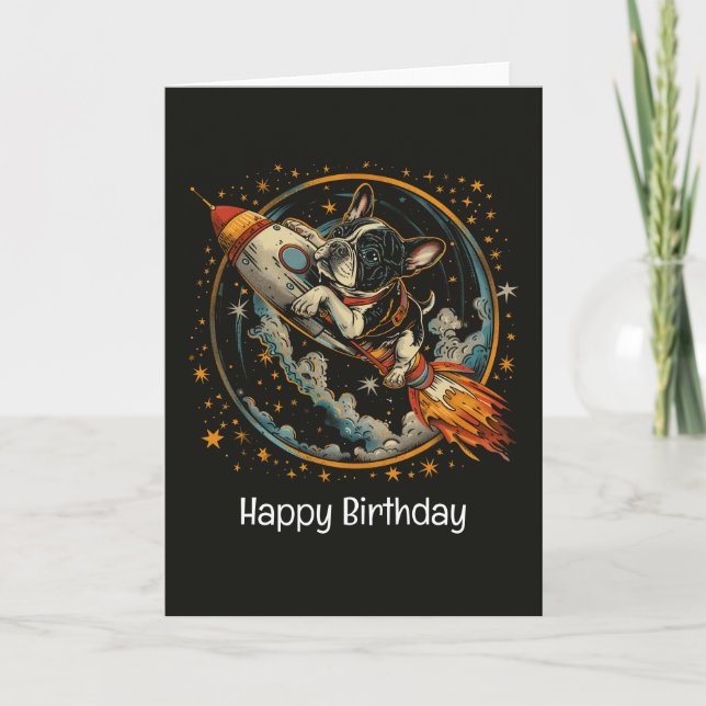 Happy Birthday Rocket Ship French Bulldog Card (Front)