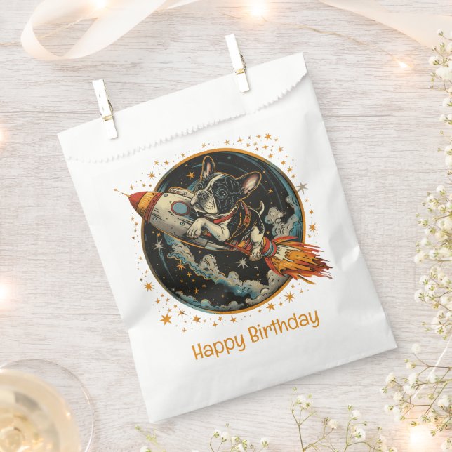 Happy Birthday Rocket Ship French Bulldog Favor Bag (Clipped)