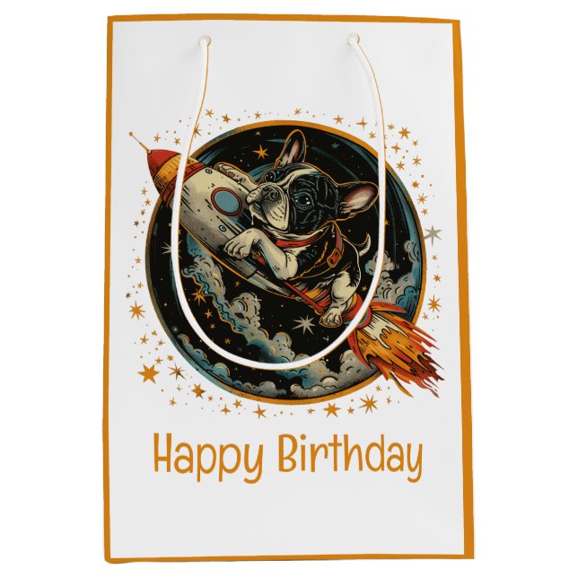Happy Birthday Rocket Ship French Bulldog Medium Gift Bag (Front)