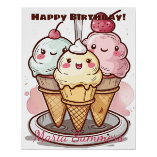 Happy Birthday Rolled Ice-cream Kawaii Cartoon Poster