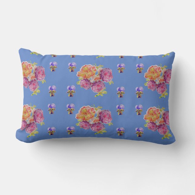 Happy Birthday Rose floral ladies Denim Blue Lumbar Pillow (Front)