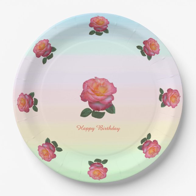 Happy Birthday Rose Flowers Paper Plates (Front)