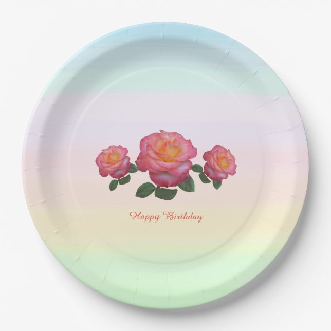 Happy Birthday Rose Flowers Paper Plates (Front)