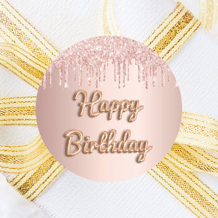 Happy Birthday rose gold blush glitter drips Classic Round Sticker