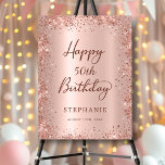 Happy Birthday Rose Gold Glitter 50th Welcome  Foam Board<br><div class="desc">Elegant Modern Sparkle rose gold glitter metallic and Personalized 50th Happy Birthday Script Welcome Foam Board. This Girly Adult feminine FIFTY (FIFTIETH) OR ANY AGE Birhday party sign featuring a stylish handwritten calligraphy script, blush pink or rose gold faux brushed metallic foil background with loose glam glitter frame around. Ideal...</div>