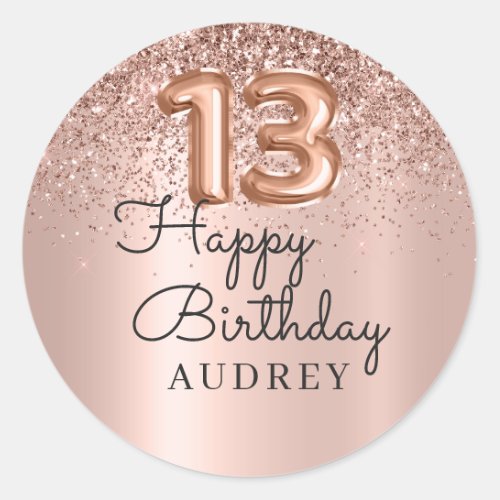  Happy Birthday Rose Gold Glitter Balloon 13th Classic Round Sticker