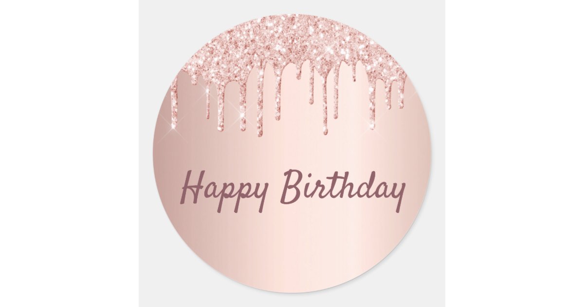 Mason jar pretzel, celery, almond butter snack Happy birthday rose gold glitter drips pink classic round sticker