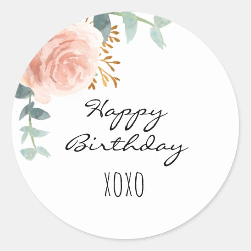 Happy Birthday rose gold pink floral eucalyptus Classic Round Sticker