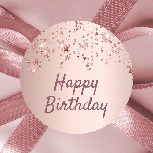 Happy birthday rose gold stars pink classic round sticker