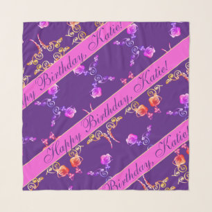 "Happy Birthday" Rose Hearts on Purple Scarf