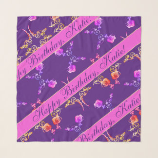 "Happy Birthday" Rose Hearts on Purple Scarf