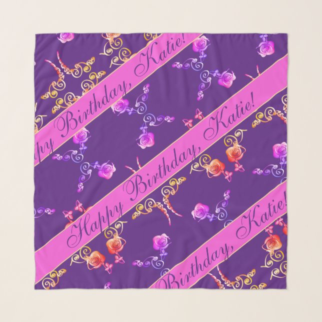 "Happy Birthday" Rose Hearts on Purple Scarf (Front)