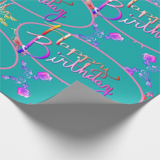 "Happy Birthday" Rose Hearts on TealWrapping Paper (Corner)