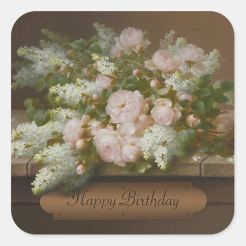 Happy Birthday Roses and Lilacs CC0884 Longpr Square Sticker