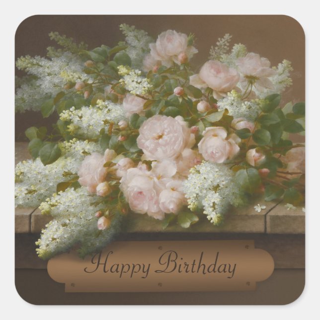 Happy Birthday Roses and Lilacs CC0884 Longpré Square Sticker (Front)