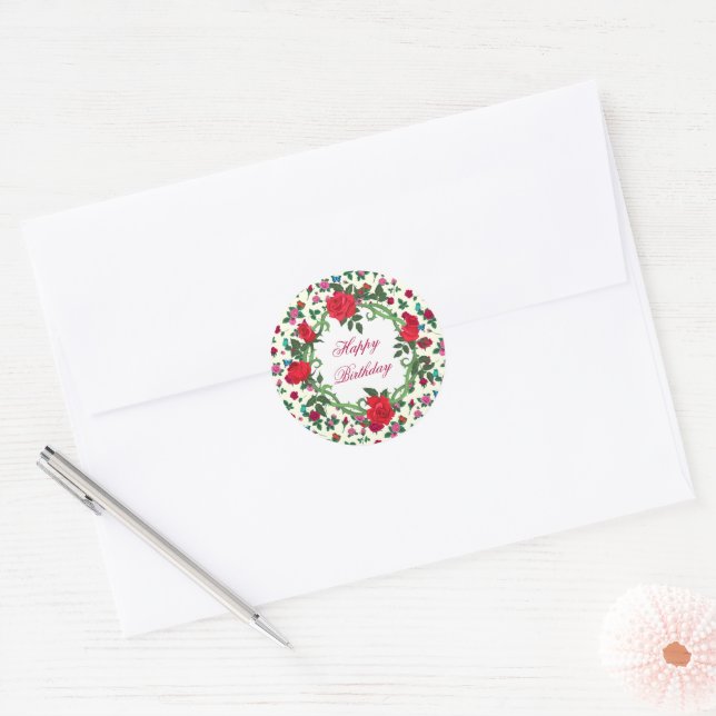 Happy Birthday Roses Classic Round Sticker (Envelope)
