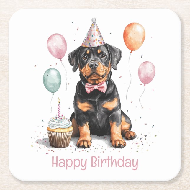 Happy Birthday Rottweiler Dog Square Paper Coaster (Front)