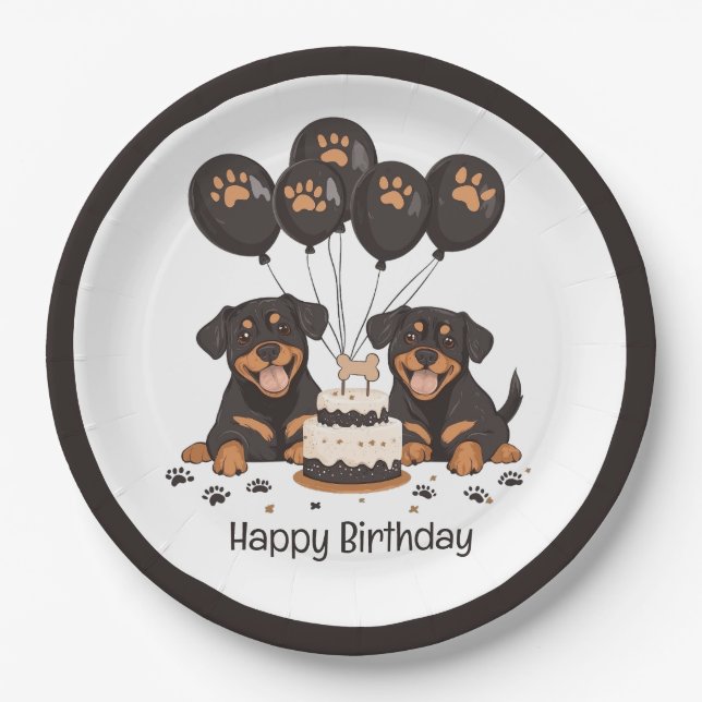 Happy Birthday Rottweiler Dogs Paper Plates (Front)