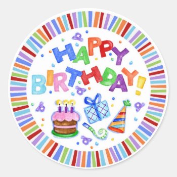 Happy Birthday Round Gift Sticker by Musicat at Zazzle