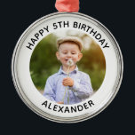 Happy Birthday Round Photo White Metal Ornament<br><div class="desc">Create your own personalized white border round premium Christmas ornament remembering a special birthday. Customize the solid white background color or the black text color to match your photo. If you change the font type or size, you can fine tune the curvature of the text in small increments. Have fun...</div>