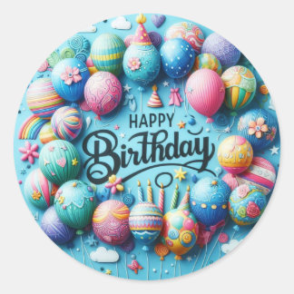 Happy Birthday Round Sticker – Colorful Balloons 