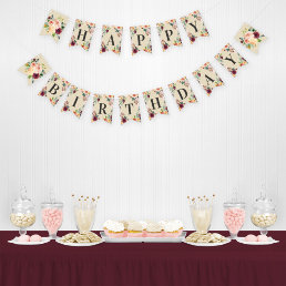 Happy Birthday Rustic Burgundy Pink Fall Floral Bunting Flags
