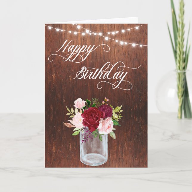 Happy Birthday Rustic Mason Jar Wood lights Card (Front)