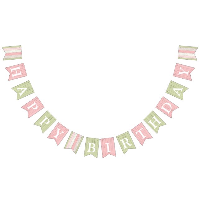 Happy Birthday Rustic Sage Green Pink Floral Wood Bunting Flags (All)