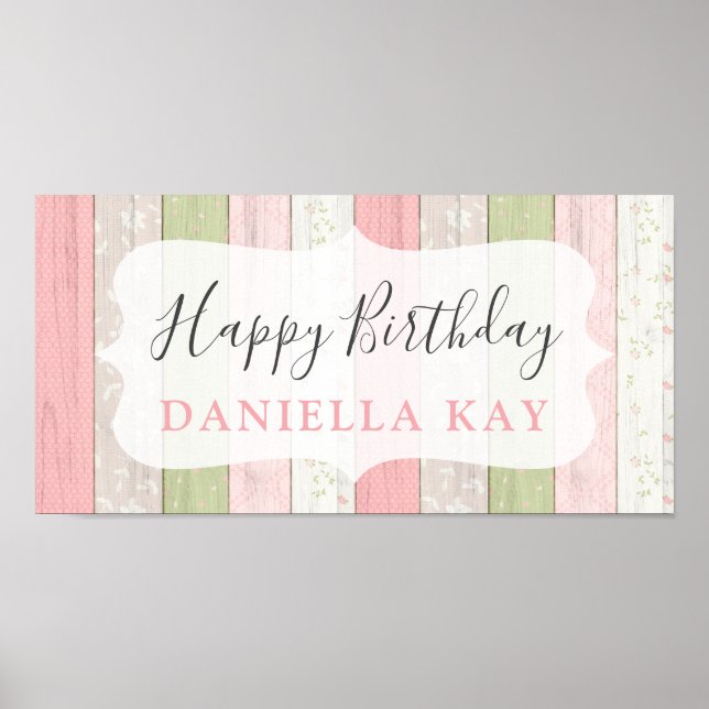 Happy Birthday Rustic Sage Green Pink Floral Wood Poster (Front)