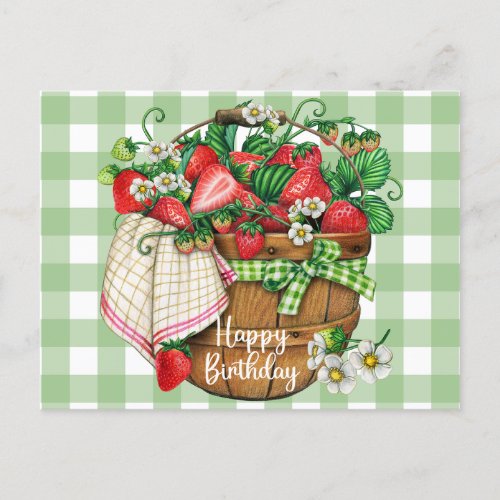 Happy Birthday Rustic Strawberry Fruit Basket  Postcard
