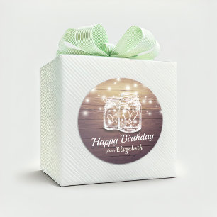 Happy Birthday Rustic Wood Mason Jar String Lights Classic Round Sticker