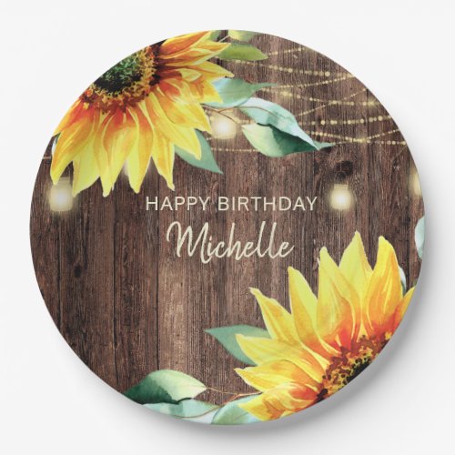 Happy Birthday Rustic Wood Sunflowers String Light Paper Plates