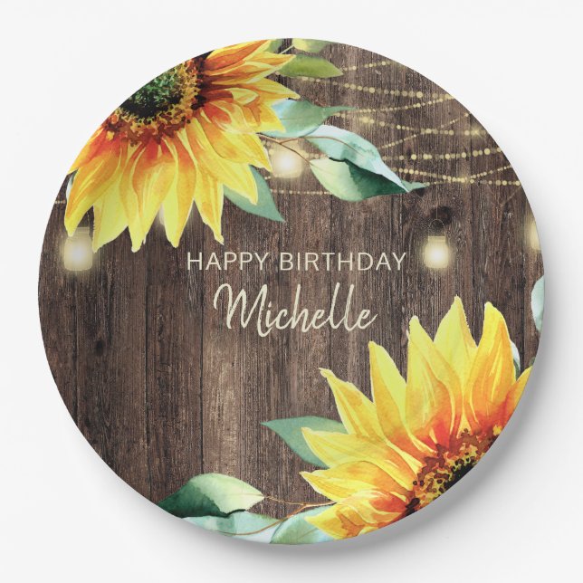 Happy Birthday Rustic Wood Sunflowers String Light Paper Plates (Front)
