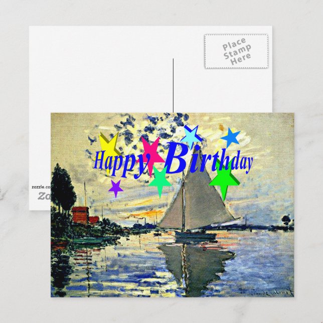 Happy Birthday, Sailboat at le Petit Gennevilliers Postcard (Front/Back)