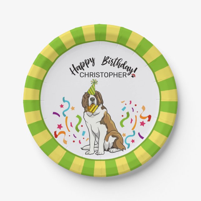 Happy Birthday Saint Bernard Dog Party Paper Plates (Front)