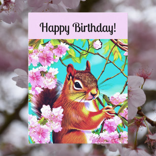 Happy Birthday Sakura Squirrel in Cherry Blossoms Postcard