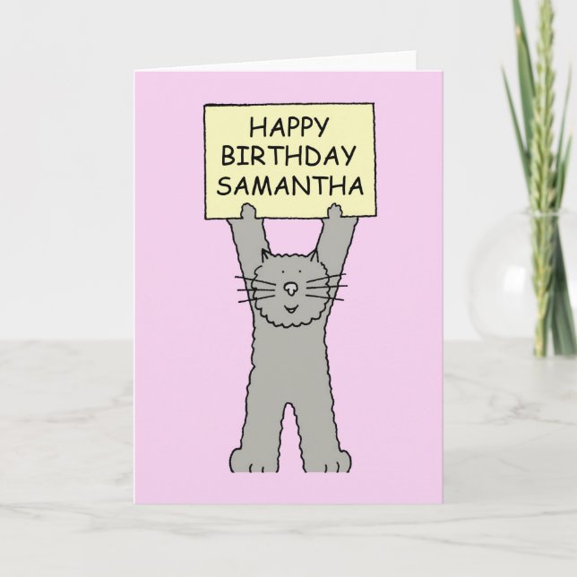 Happy Birthday Samantha Cartoon Kitten Card (Front)