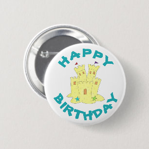 Happy Birthday Sandcastle Sand Castle Beach Party Button