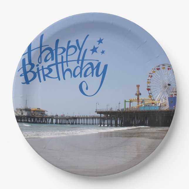 Happy Birthday Santa Monica Pier Paper Plates (Front)