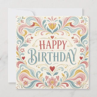 Happy Birthday Scandinavian Folk Art Floral Swirls Card