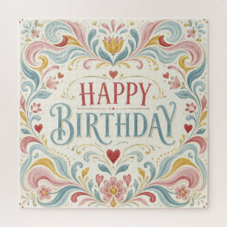 Happy Birthday Scandinavian Folk Art Floral Swirls Jigsaw Puzzle
