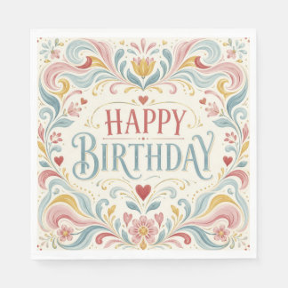 Happy Birthday Scandinavian Folk Art Floral Swirls Napkins
