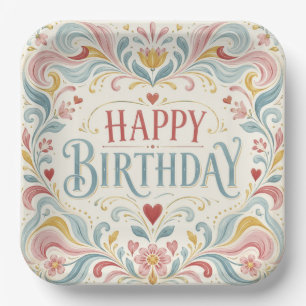 Happy Birthday Scandinavian Folk Art Floral Swirls Paper Plates
