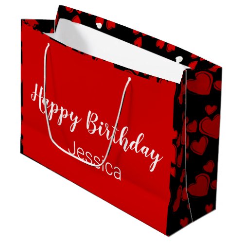 Happy Birthday Script Black and Red Hearts Large Gift Bag