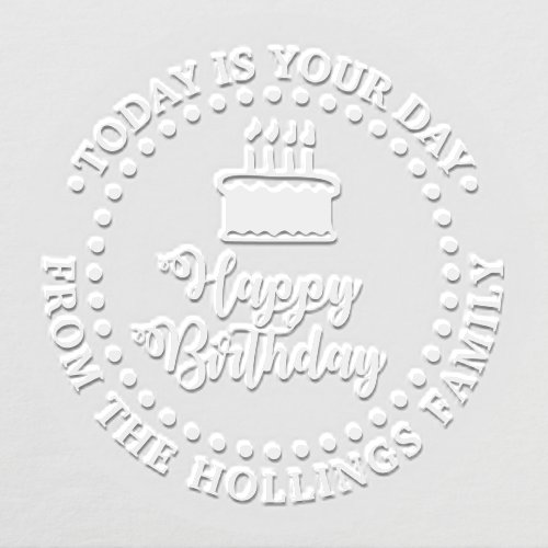 Happy Birthday Script Calligraphy and Cake Round Embosser