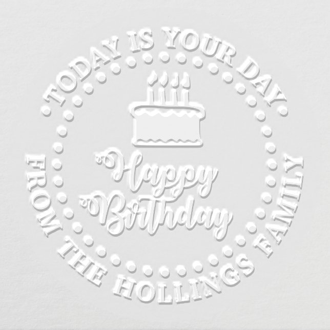 Happy Birthday Script Calligraphy and Cake Round Embosser (Design)