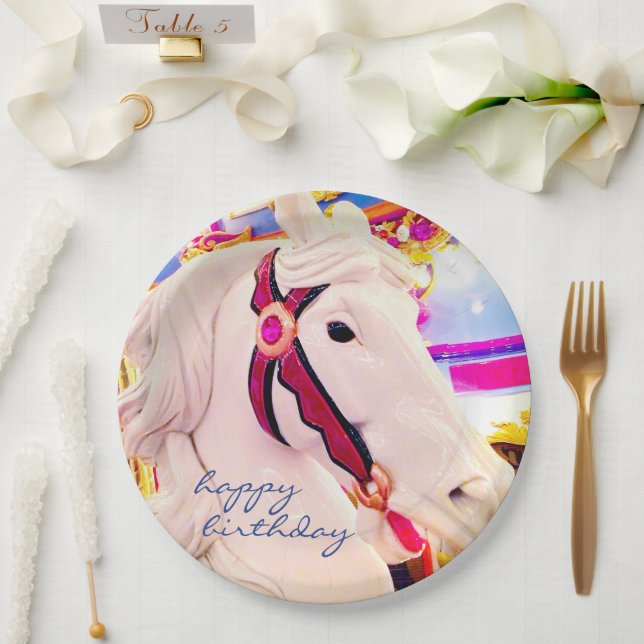 Happy Birthday Script Carnival Carousel Horse Bold Paper Plates (Wedding)