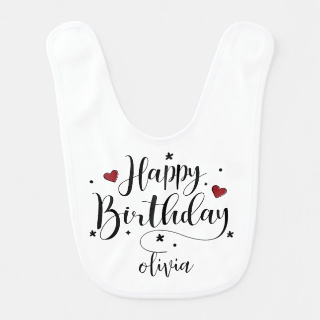 Happy Birthday Script Custom Name Baby Bib (Front)