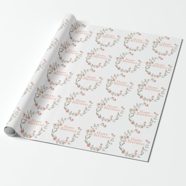 Happy Birthday Script Floral Wreath Pretty Wrapping Paper (Unrolled)