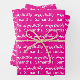 Happy Birthday Script Hot Pink and White Name Wrapping Paper Sheets